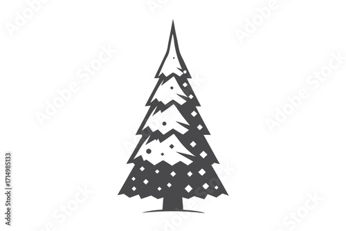 A gray pine tree stands alone against a white background in simple style