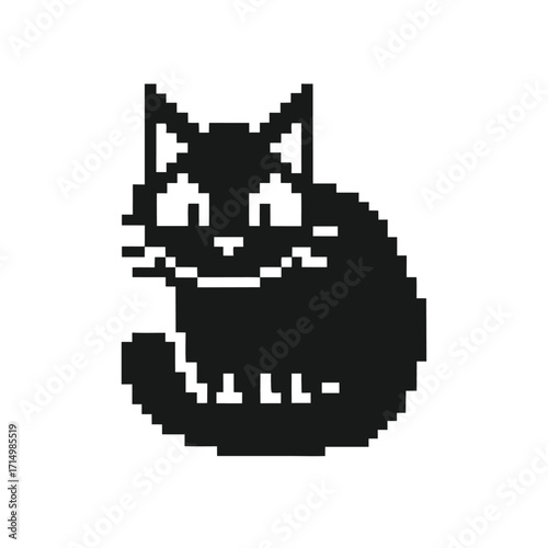 A pixelated feline sits patiently, rendered in a retro black and white style