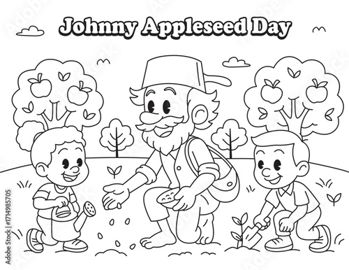 Johnny planting with kids
Johnny Appleseed Day coloring page. Cartoon vector of Johnny planting seeds with children gardening near apple trees. Fun black and white worksheet for kids.