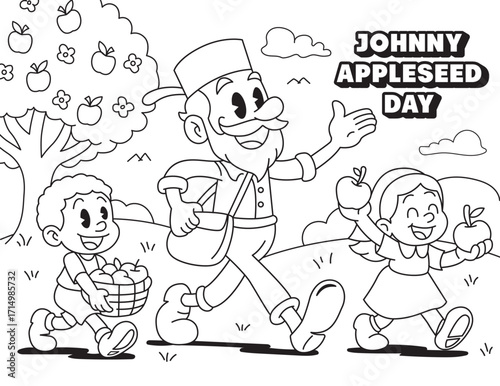 Johnny walking with kids
Johnny Appleseed Day coloring page. Cartoon vector of Johnny with children, apples, and tree. Fun black and white worksheet for American folklore lessons.