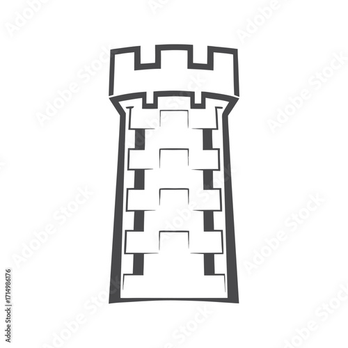 A stout stylized dark gray watchtower stands against a plain white solid background