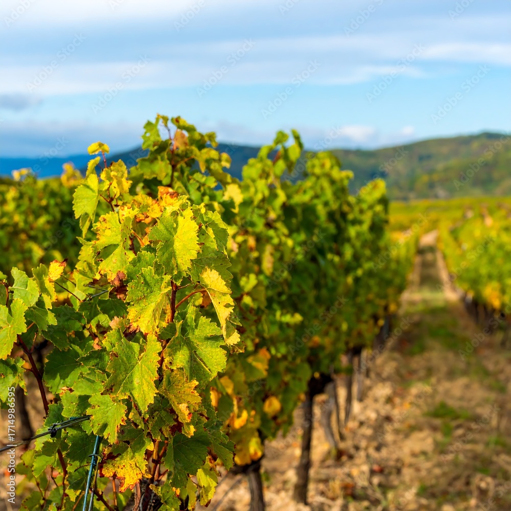 Naklejka premium Autumn vineyard rows, pale yellow-green leaves, sunlight on vines