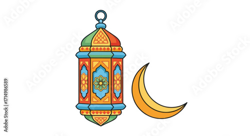 Colorful Islamic Lantern and Crescent Moon Illustration.