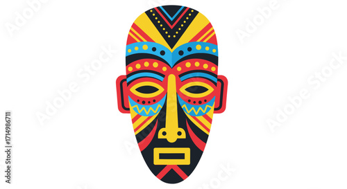 Colorful African Tribal Mask with Geometric Patterns and Details.