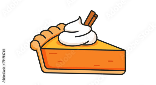 Delicious Slice of Pumpkin Pie with Whipped Cream and Cinnamon Stick.