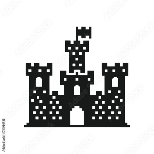 Black castle silhouette depicts pixelated walls and towers on a white background
