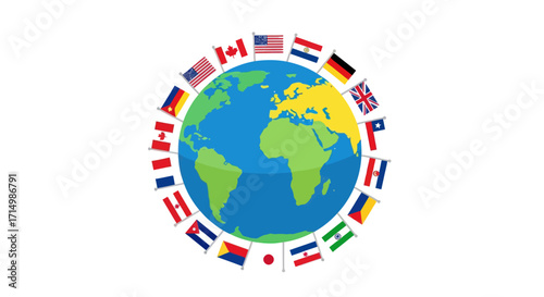 Globe Surrounded by Flags Representing International Countries.