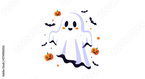 Cute Cartoon Ghost with Pumpkins and Bats for Halloween Illustration.
