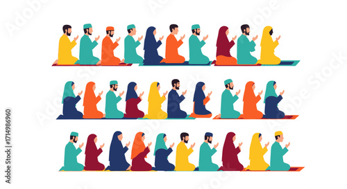 Colorful Group of Muslim People Praying Together in Rows.