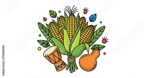 Stylized Corn Cobs Drum and Gourd Harvest Illustration.