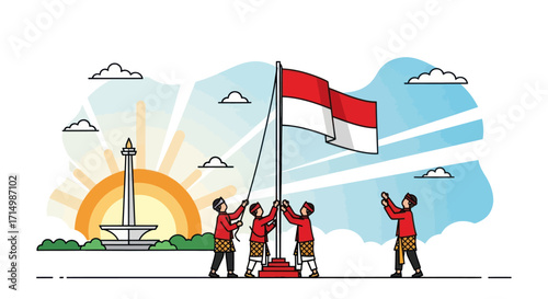 People raising the Indonesian national flag Merah Putih at sunrise.
