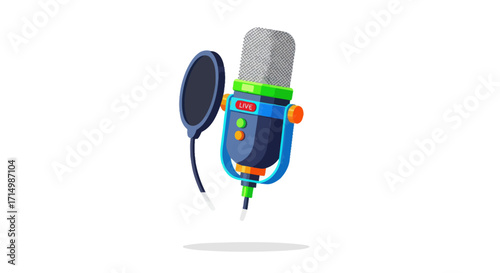 Cartoon-style microphone with pop filter for recording audio.