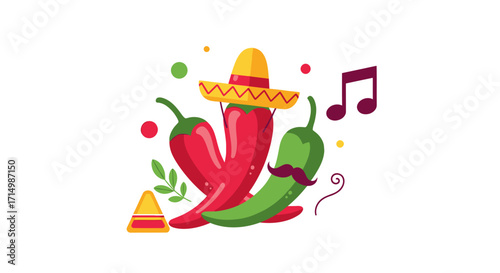 Festive Chili Peppers with Sombrero and Mustache Celebrating Mexican Culture.