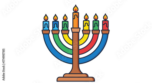Vibrant Hanukkah Menorah Illustration with Nine Lit Colorful Candles Burning Brightly.