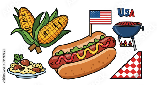 American Summer BBQ Food Icons Set.