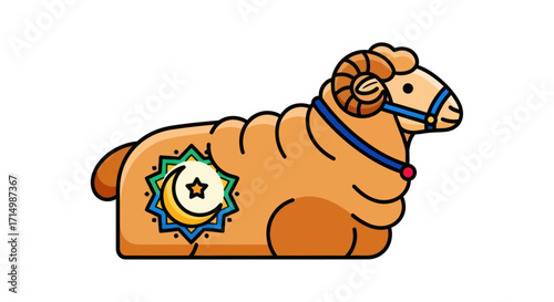 Cartoon Eid al-Adha Sheep with Crescent Moon and Star Symbol.