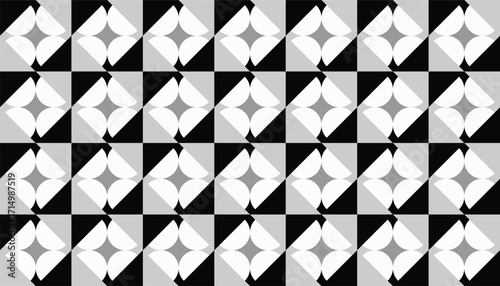 Seamless monochrome geometric pattern with black and gray circular segments forming diamond motifs, minimalist abstract design ideal for wallpapers, textiles, and digital backgrounds