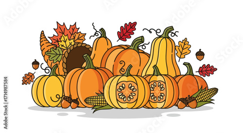 Autumn Harvest: Pumpkins Cornucopia and Fall Leaves Illustration.
