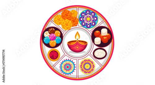 Colorful Indian Festive Thali with Diya Sweets and Traditional Offerings.