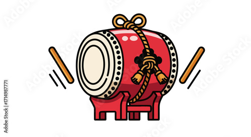 Vibrant Red Taiko Drum with Mallet Sticks.