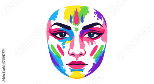 Vibrant abstract portrait of a womans face with colorful paint splashes and makeup.