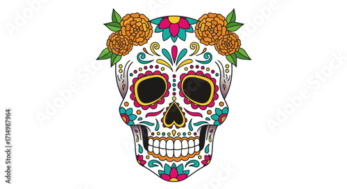 Vibrant Mexican Sugar Skull Calavera with Marigold Flowers Illustration.