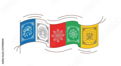 Colorful Tibetan Prayer Flags Waving with Spiritual Symbols.