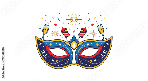 Ornate Carnival Mask with Confetti and Champagne Glasses Illustration.