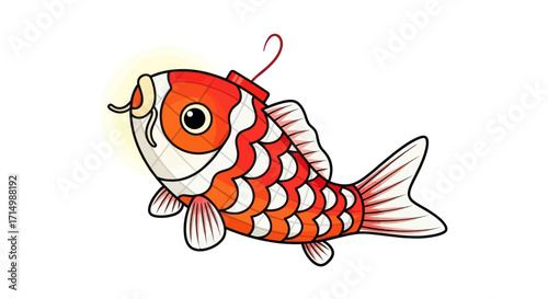 Vibrant Red and White Koi Fish Illustration with Hanging Hook.