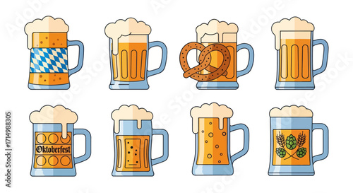 Eight Illustrated Beer Mugs and Steins with Frothy Foam Oktoberfest and Pretzel Designs.