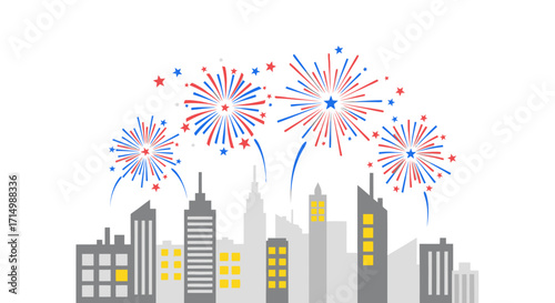 Colorful Fireworks Exploding Above City Skyline Silhouette.