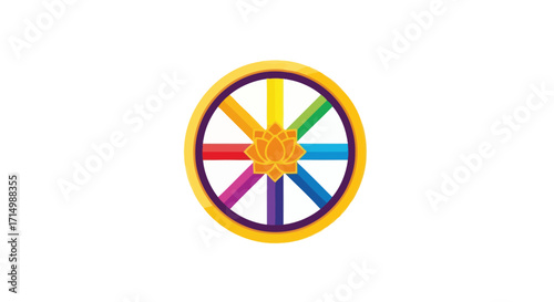Vibrant Rainbow Color Wheel Symbol with Golden Rim and Central Hub.