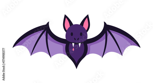 Cute Cartoon Purple Bat with Fangs Flying.