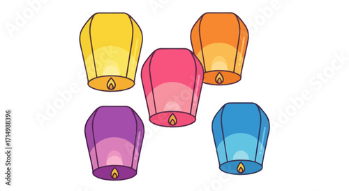 A set of five colorful illustrated paper sky lanterns with small flames shown in yellow orange pink purple and blue.