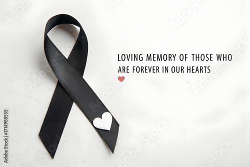 A heartfelt tribute with a black awareness ribbon and a white heart, symbolizing loss, grief, and remembrance. Generative Ai.