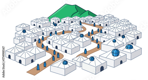 Isometric Illustration of a Temporary Tent Camp Settlement with Paths.