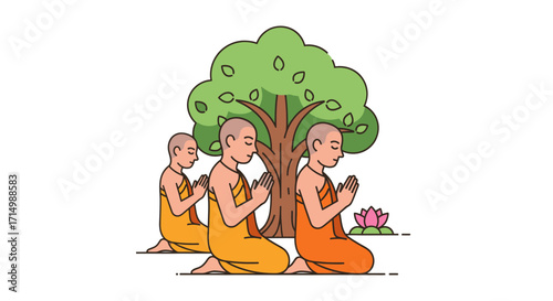 Three Buddhist Monks Meditating Under Bodhi Tree.