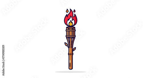 Cartoon Illustration of a Burning Wooden Torch with Flames.