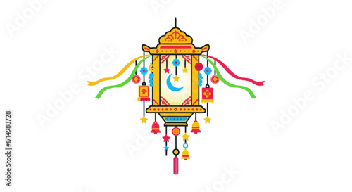 Ornate Lantern with Crescent Moon and Colorful Decorations.