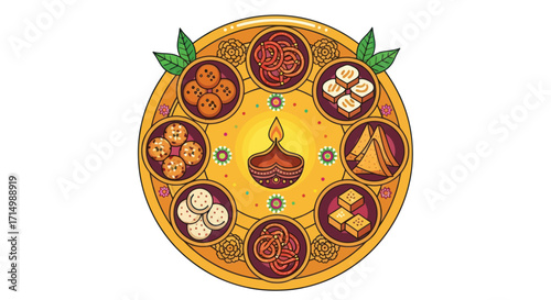 Festive Indian Thali Platter with Assorted Sweets and Snacks.