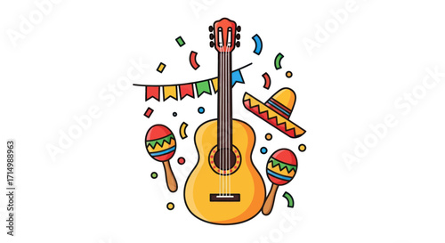 Colorful Cartoon Acoustic Guitar with Festive Decorations.