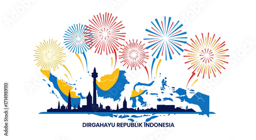 Indonesian Independence Day Celebration with Fireworks and Silhouette Map.
