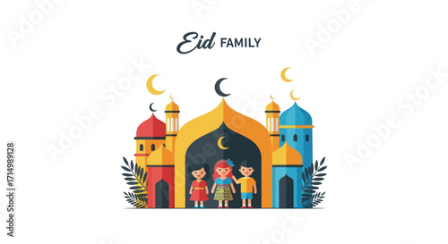 Colorful Cartoon Illustration of Eid Family with Mosque.