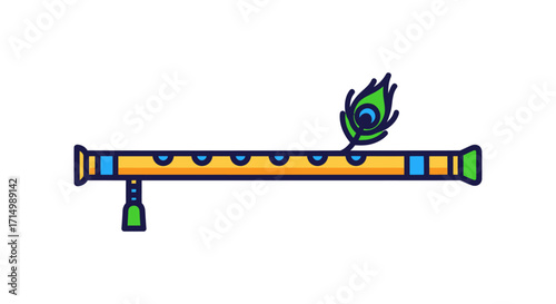 Colorful Flute with Peacock Feather Traditional Indian Musical Instrument.