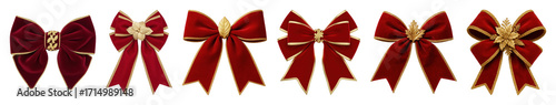 Red velvet and gold decorative bow set including various festive designs isolated. Christmas and holiday celebration elements.