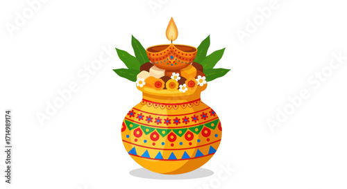 Decorated Kalash Pot with Lit Diya and Green Leaves.