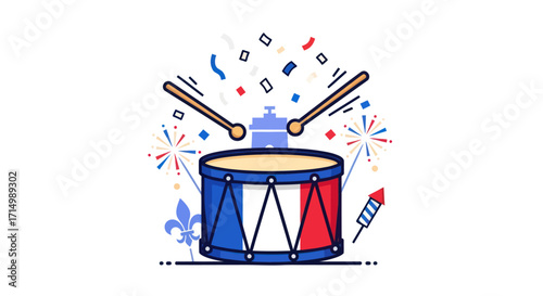 Patriotic Drum with French Flag Colors and Drumsticks Celebration.