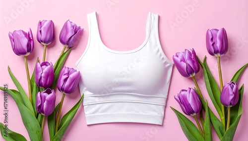 White Sports Bra and Purple Tulips on Pink Background
