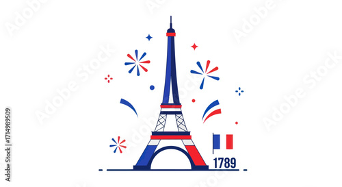 Iconic Eiffel Tower with French Tricolor and Festive Fireworks.