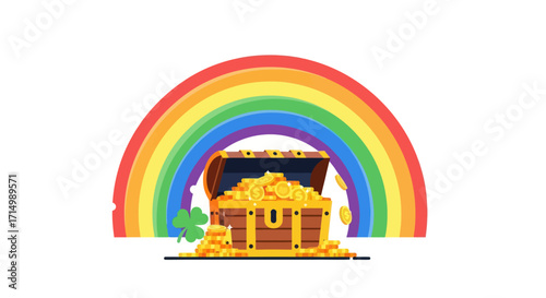 Treasure Chest with Gold Coins and Rainbow St Patricks Day.